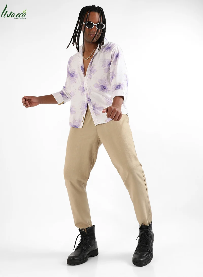 Campus Sutra Men's EcoLiva White & Lavender Faded Floral Strokes Shirt