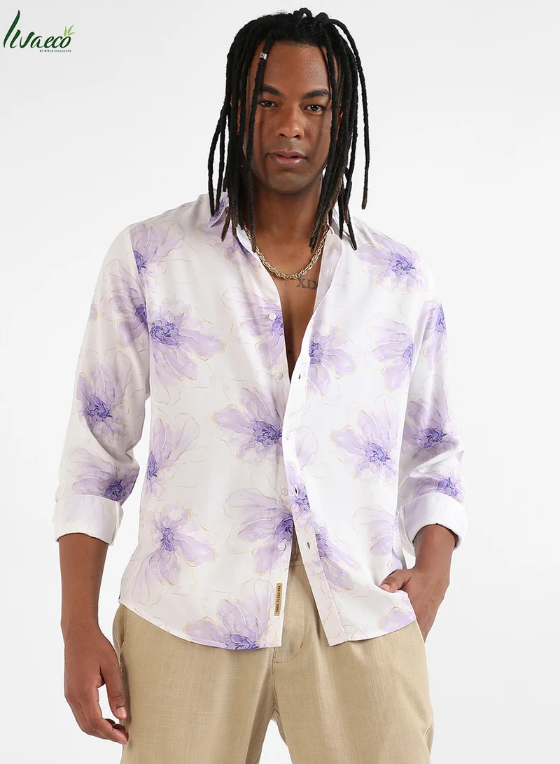 Campus Sutra Men's EcoLiva White & Lavender Faded Floral Strokes Shirt
