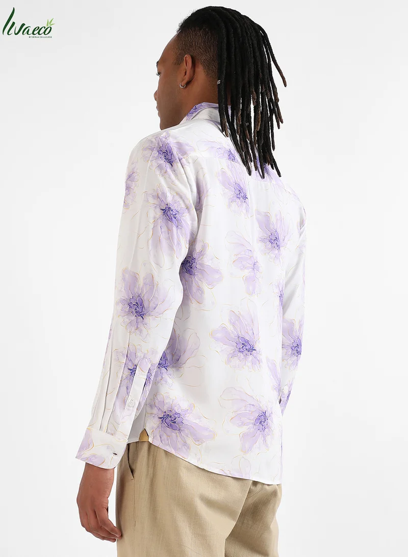 Campus Sutra Men's EcoLiva White & Lavender Faded Floral Strokes Shirt