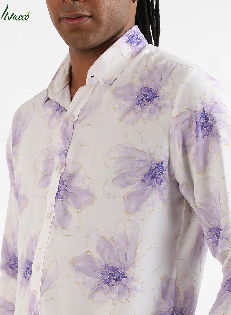 Campus Sutra Men's EcoLiva White & Lavender Faded Floral Strokes Shirt