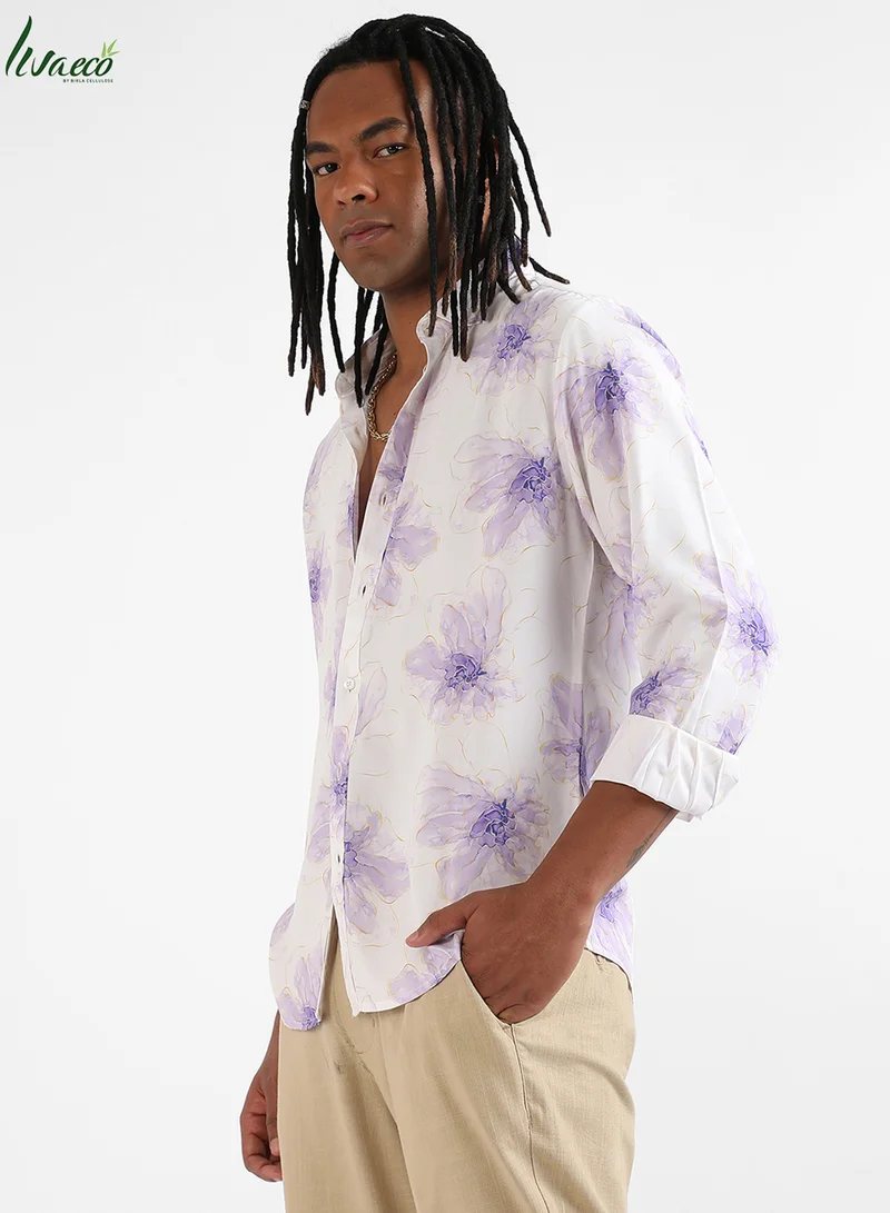 Campus Sutra Men's EcoLiva White & Lavender Faded Floral Strokes Shirt
