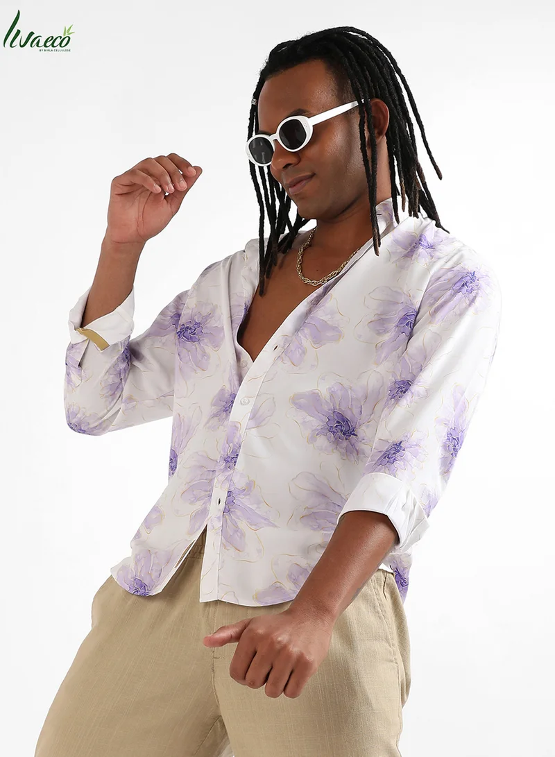 Campus Sutra Men's EcoLiva White & Lavender Faded Floral Strokes Shirt