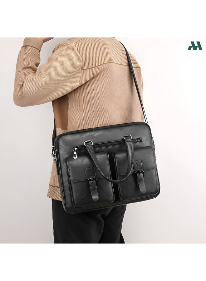 Mobcos Men Shoulder 2 Pocket Bag Crossbody Bags PU Leather Handbag Capacity Men Messenger Bags Top Handle Tote Bag for Male Black - Image 3