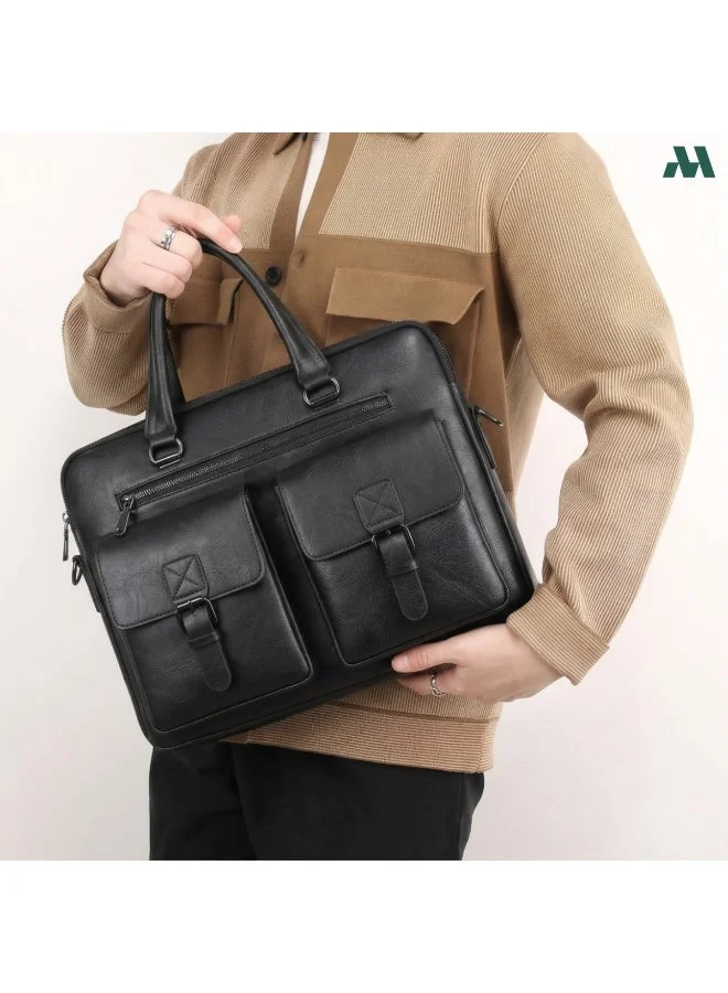 موبكوس حقيبة كتف رجالية بجيبين، حقيبة كروسبودي، حقيبة يد جلدية صناعية، حقيبة مراسلة رجالية، حقيبة حمل بمقبض علوي، لون أسود