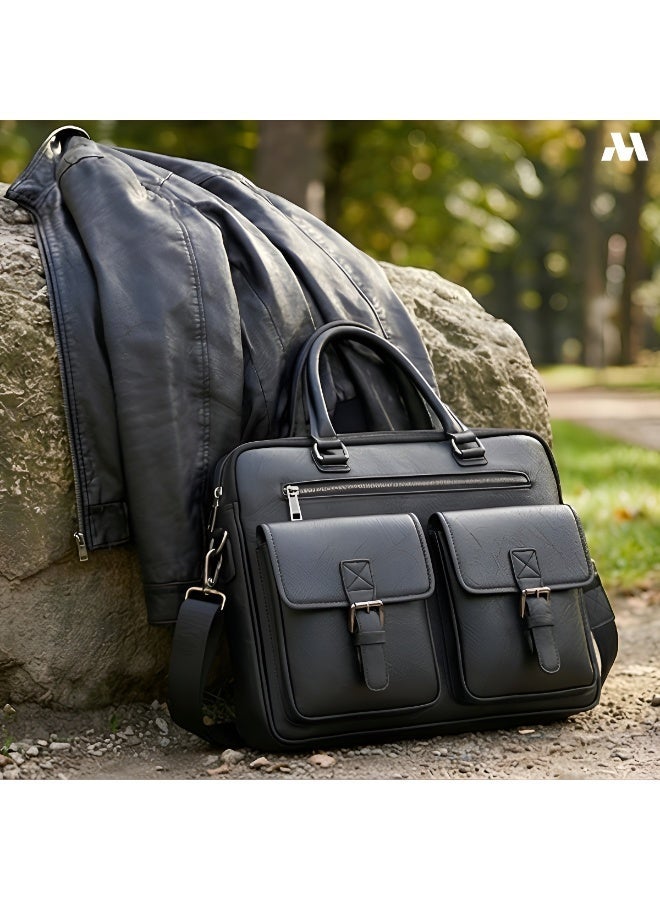 Mobcos Men Shoulder 2 Pocket Bag Crossbody Bags PU Leather Handbag Capacity Men Messenger Bags Top Handle Tote Bag for Male Black - Image 5