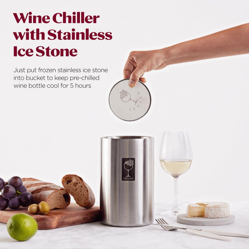 IPUJAN Wine Chiller Bucket with Stainless Ice Stone - Champagne Bucket for 750ml Single Bottle Cold up to 5 Hours - Iceless Insulated Double Walled White Wine Cooler Bucket (Silver) - Image 2