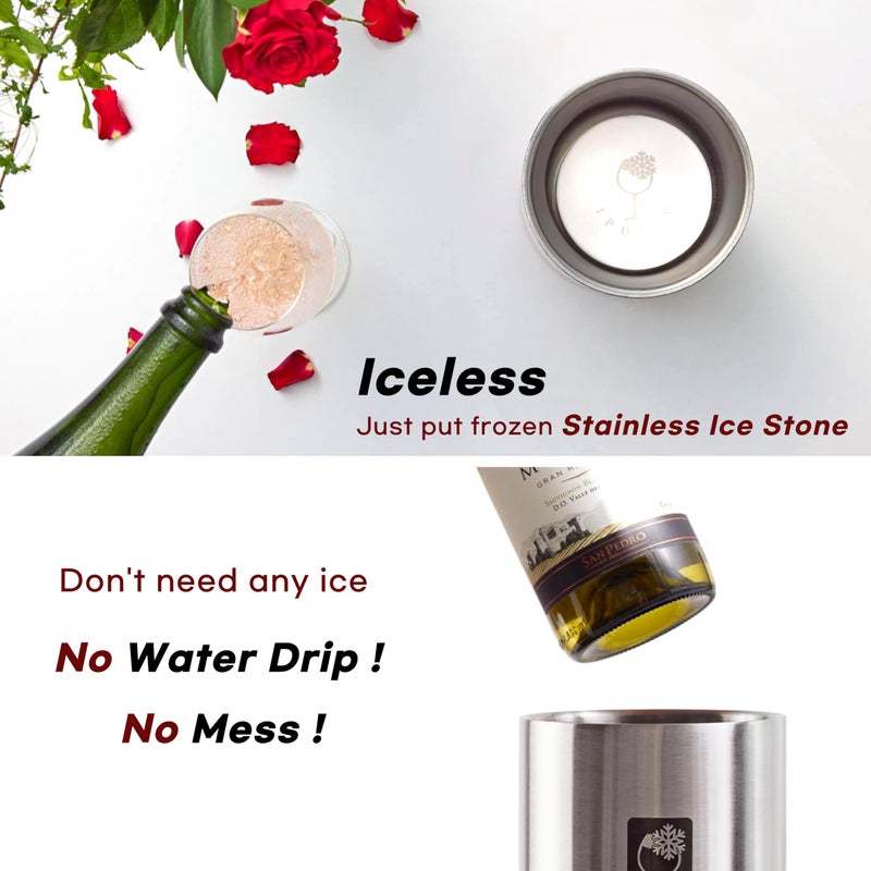 IPUJAN Wine Chiller Bucket with Stainless Ice Stone - Champagne Bucket for 750ml Single Bottle Cold up to 5 Hours - Iceless Insulated Double Walled White Wine Cooler Bucket (Silver) - Image 3
