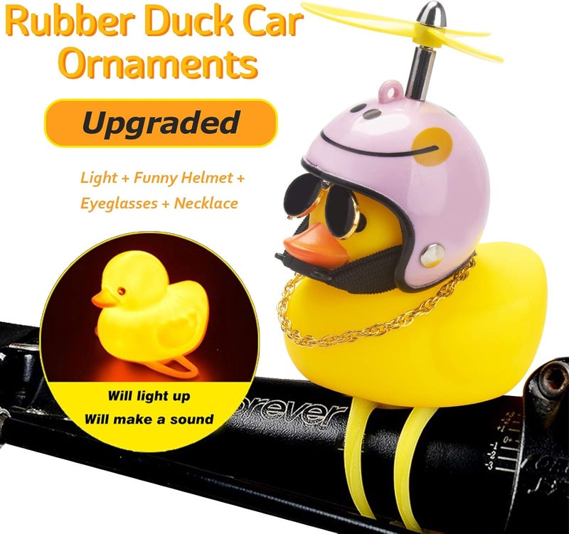 wonuu Rubber Duck Toy Car Ornaments Yellow Duck Car Dashboard Decorations Squeeze Duck Bicycle Horns with Propeller Helmet - Image 2
