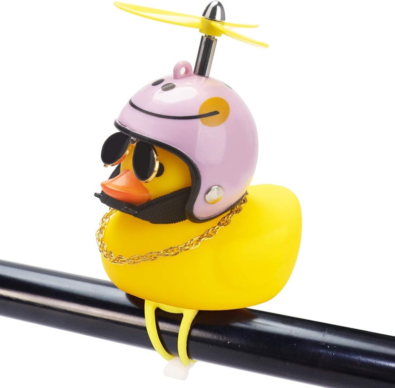 wonuu Rubber Duck Toy Car Ornaments Yellow Duck Car Dashboard Decorations Squeeze Duck Bicycle Horns with Propeller Helmet - Image 1