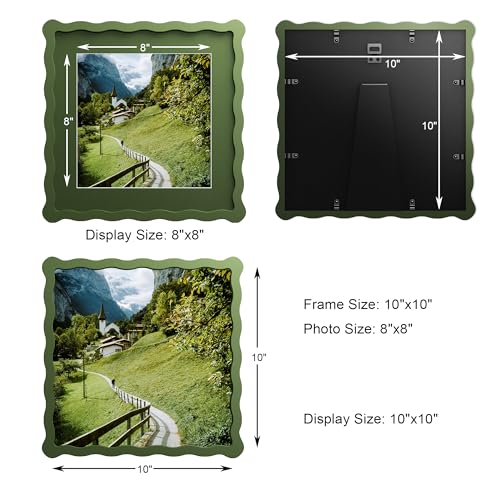 Chrspk 10x10 Wavy Picture Frame With Mat For 8x8, Wavy Edge Wooden Picture Frame with Real Glass - Wall Mount and Tabletop Display, Green, 2 Pack - Image 3