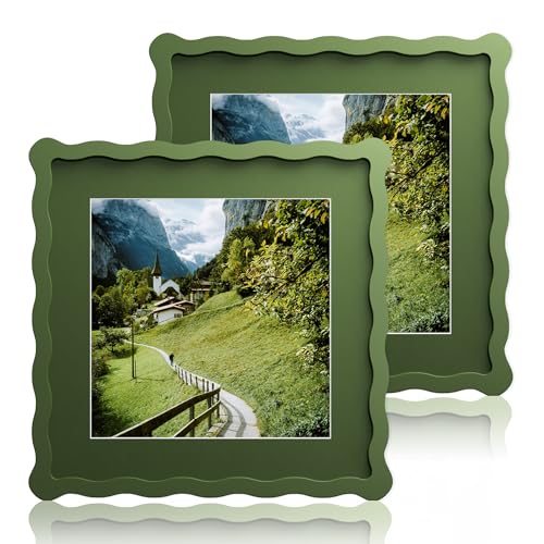 Chrspk 10x10 Wavy Picture Frame With Mat For 8x8, Wavy Edge Wooden Picture Frame with Real Glass - Wall Mount and Tabletop Display, Green, 2 Pack - Image 1