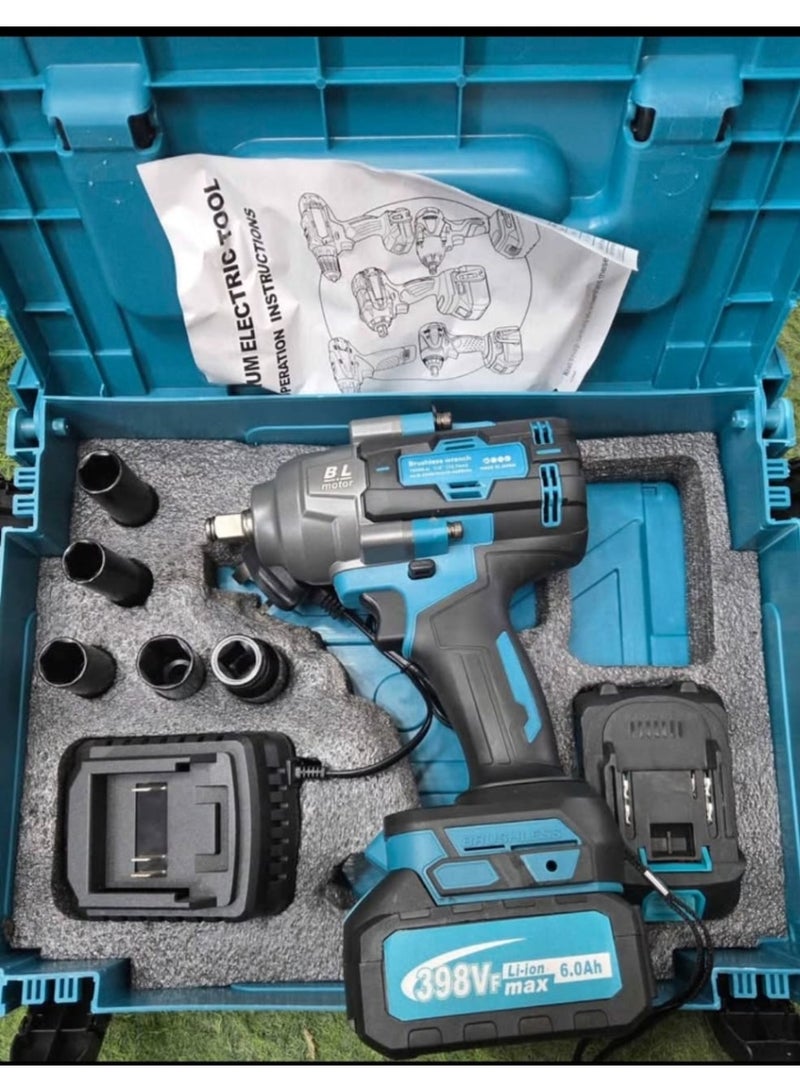 سوبر كلاسيك مفتاح صدمات لاسلكي بدون فرشاة بعزم 1500 نيوتن.متر مع بطاريتين (1500 مللي أمبير، 10 خلايا لكل بطارية)، شاحن ومجموعة أدوات الصدمات - Image 1