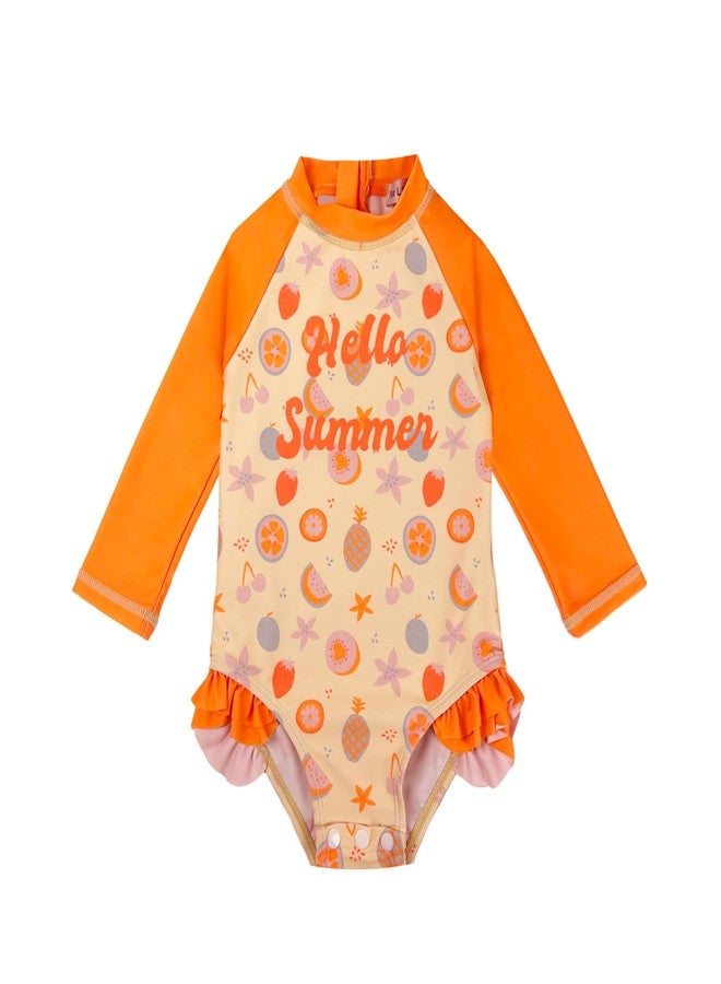 weVSwe Baby Swimsuit Girl SPF 50+ One-Piece Ruffled Rash Guard Floral Bathing Suit Quick Dry Orange Fruit Newborn 6-12 Months - Image 1