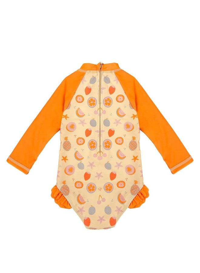 weVSwe Baby Swimsuit Girl SPF 50+ One-Piece Ruffled Rash Guard Floral Bathing Suit Quick Dry Orange Fruit Newborn 6-12 Months - Image 2