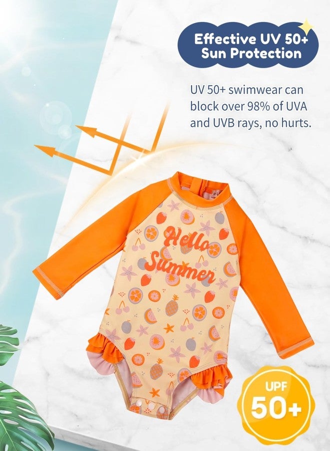 weVSwe Baby Swimsuit Girl SPF 50+ One-Piece Ruffled Rash Guard Floral Bathing Suit Quick Dry Orange Fruit Newborn 6-12 Months - Image 5