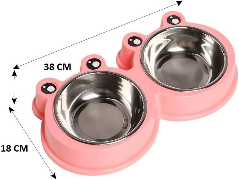 Stainless Steel Double Bowls for Dogs & Cats - Cartoon Frog Base Pet Feeder - Non-Slip Food and Water Station - 38cm x 18cm - Green - Image 2