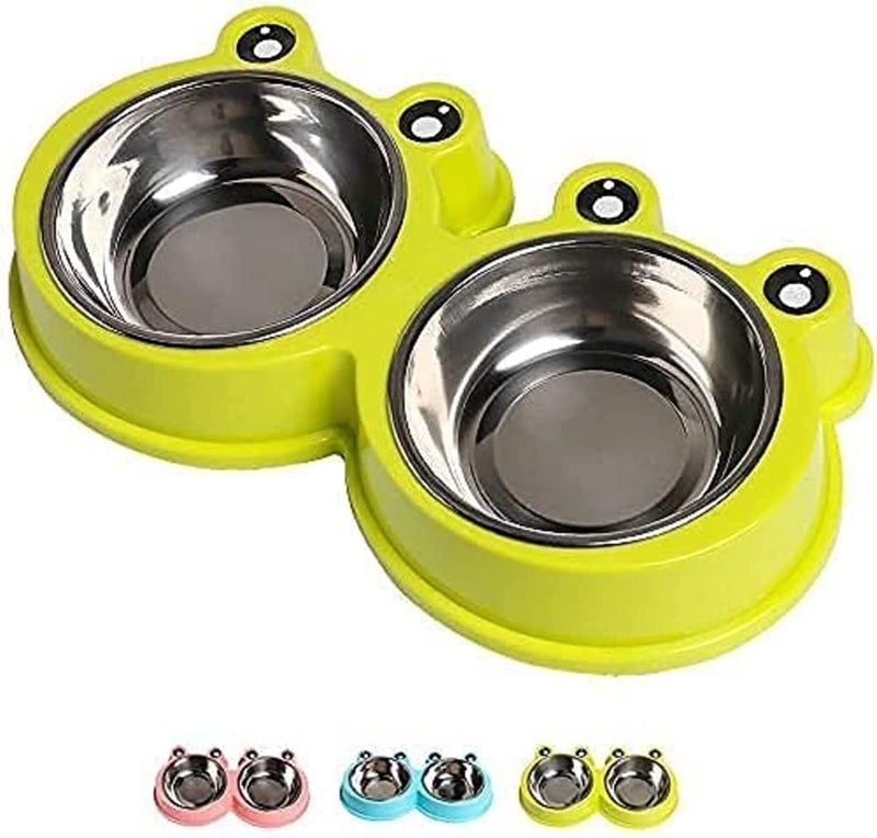 Stainless Steel Double Bowls for Dogs & Cats - Cartoon Frog Base Pet Feeder - Non-Slip Food and Water Station - 38cm x 18cm - Green - Image 1