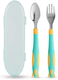 Baby Fork and Spoon Set, Training Utensils Self Feeding Spoons, 360 ° Bendable Stainless Steel Grooved Set with Case, for Weaning Learning to Use Cutlery (Green)