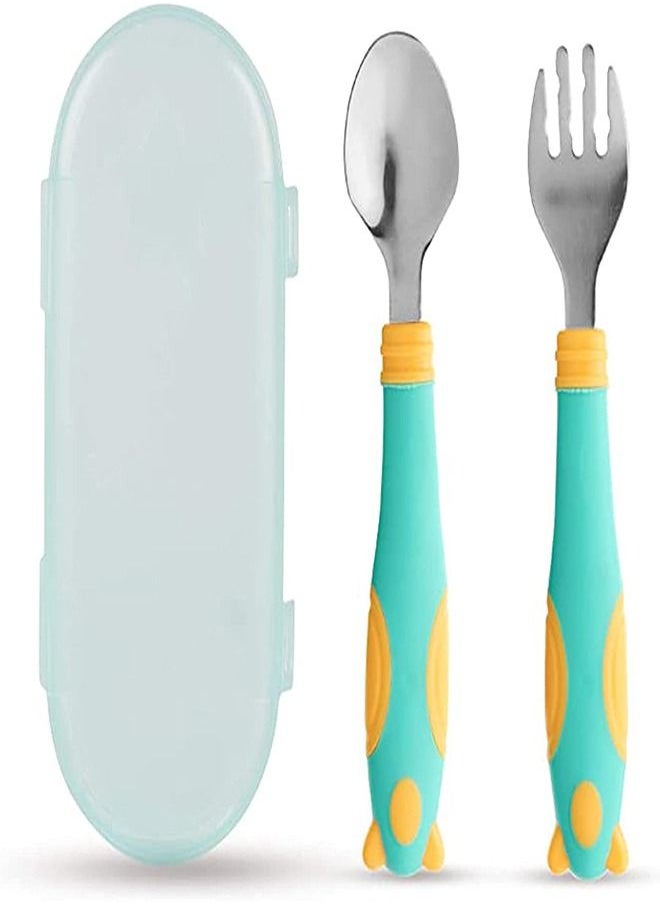 Y&D - Baby Fork and Spoon Set, Training Utensils Self Feeding Spoons, 360 ° Bendable Stainless Steel Grooved Set with Case, for Weaning Learning to Use Cutlery (Green) - Image 1