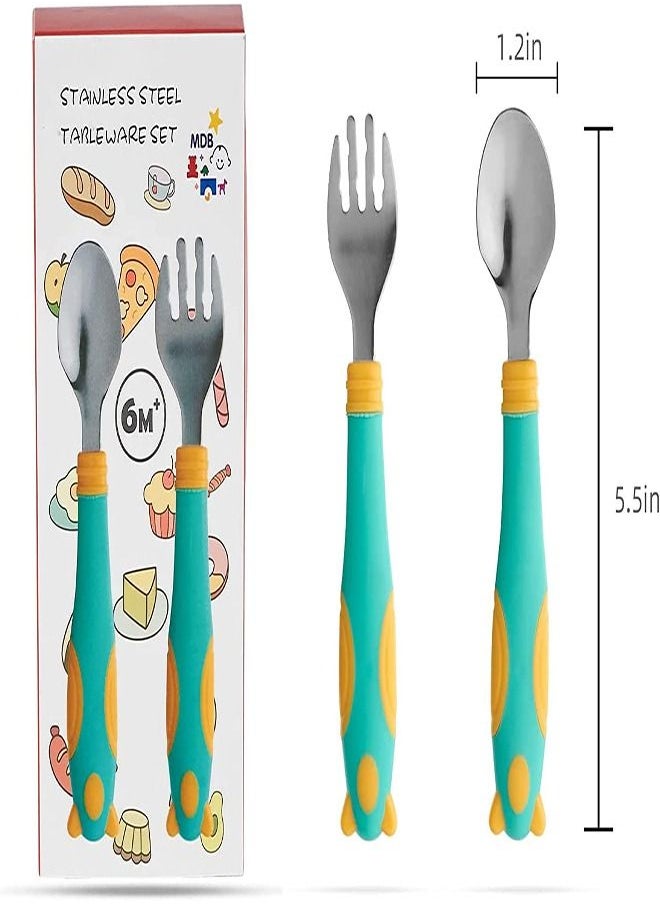 Y&D - Baby Fork and Spoon Set, Training Utensils Self Feeding Spoons, 360 ° Bendable Stainless Steel Grooved Set with Case, for Weaning Learning to Use Cutlery (Green) - Image 1