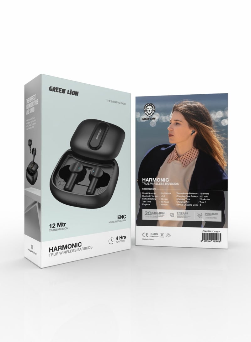 GREEN LION Harmonic True Wireless Earbuds / Long Range Transmission Distance / ENC Noise Reduction / V5.3 Bluetooth / Multi-Function Touch / Low Latency Mode / Considerable Playing Time - Black - Image 3