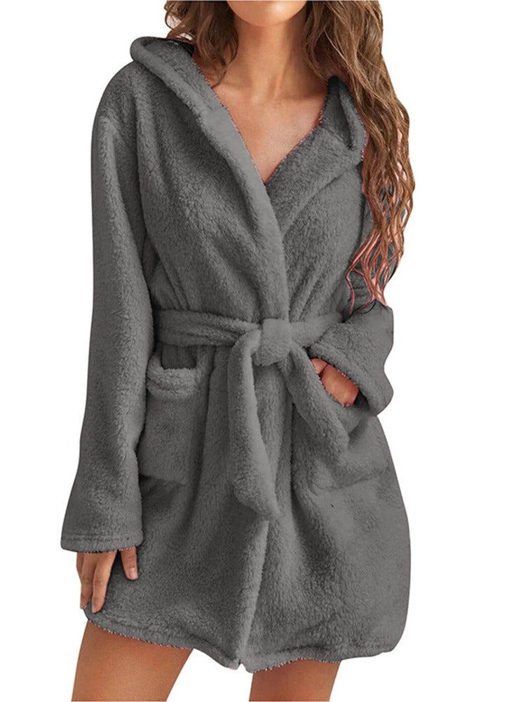 RATSAW Women Hooded Bathrobe Fleece Lightweight Soft Plush Flannel Sleepwear Fleece Hooded Bathrobes Night Sleepwear Women's Mid Length Plush Robe  - Image 1