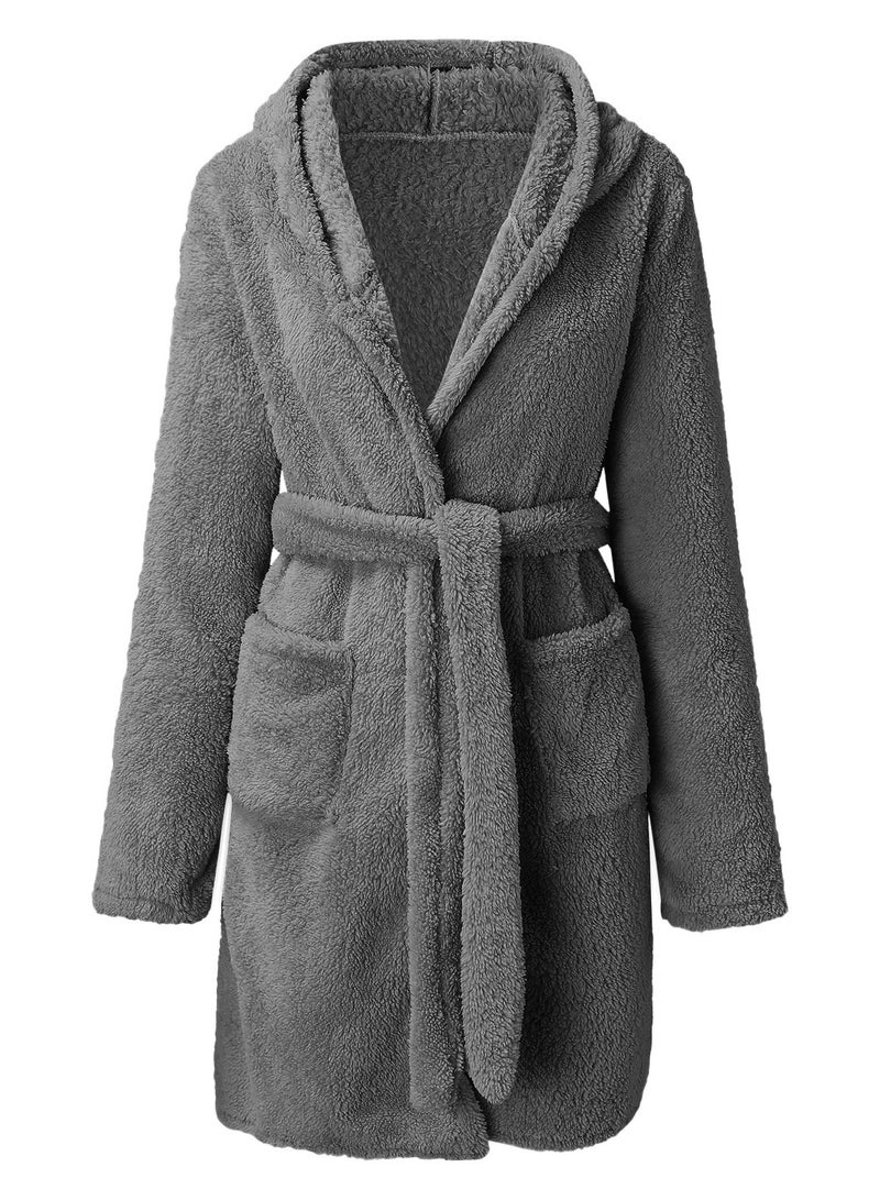 RATSAW Women Hooded Bathrobe Fleece Lightweight Soft Plush Flannel Sleepwear Fleece Hooded Bathrobes Night Sleepwear Women's Mid Length Plush Robe  - Image 3