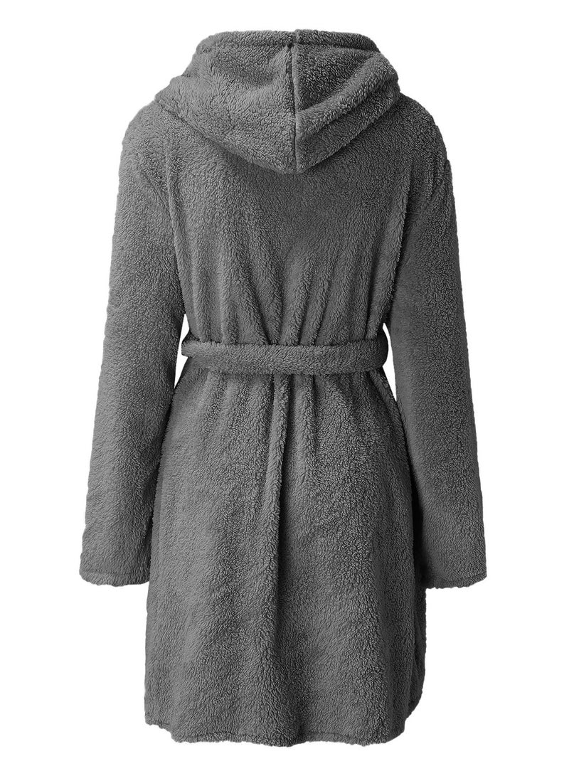 RATSAW Women Hooded Bathrobe Fleece Lightweight Soft Plush Flannel Sleepwear Fleece Hooded Bathrobes Night Sleepwear Women's Mid Length Plush Robe  - Image 4