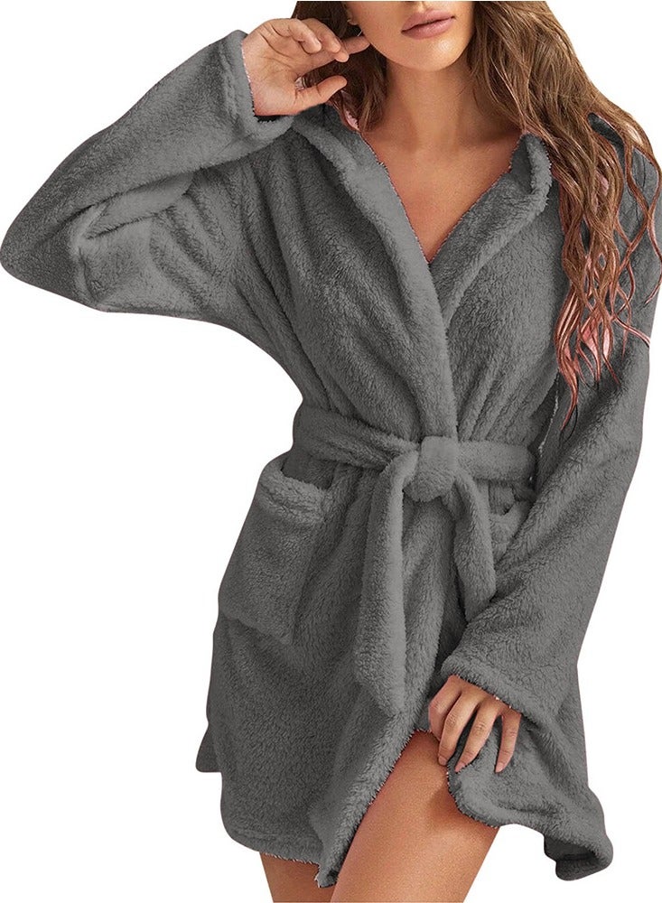 RATSAW Women Hooded Bathrobe Fleece Lightweight Soft Plush Flannel Sleepwear Fleece Hooded Bathrobes Night Sleepwear Women's Mid Length Plush Robe  - Image 2