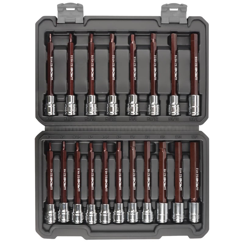 LLNDEI 3/8-Inch Drive Extra Long Allen Hex Bit Socket Set 19PCS- Standard SAE & Metric (1/8"-3/8", 3-12mm), CR-V&S2 Alloy Steel, Durable Tool Accessories Kit for Mechanics - Image 1