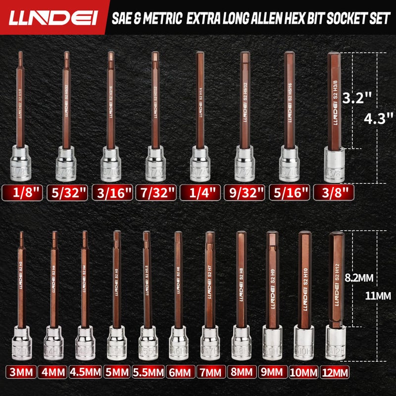 LLNDEI 3/8-Inch Drive Extra Long Allen Hex Bit Socket Set 19PCS- Standard SAE & Metric (1/8"-3/8", 3-12mm), CR-V&S2 Alloy Steel, Durable Tool Accessories Kit for Mechanics - Image 2