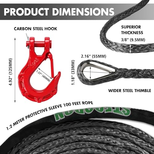 STEGODON Synthetic Winch Rope, 3/8" x100ft 23809LBS Dyneema Winch Rope 3/8 Heavy Duty Winch Cable with Protective Sleeve Forged Winch Hook for 4WD Off Road Vehicle Truck SUV (Blue) - Image 3