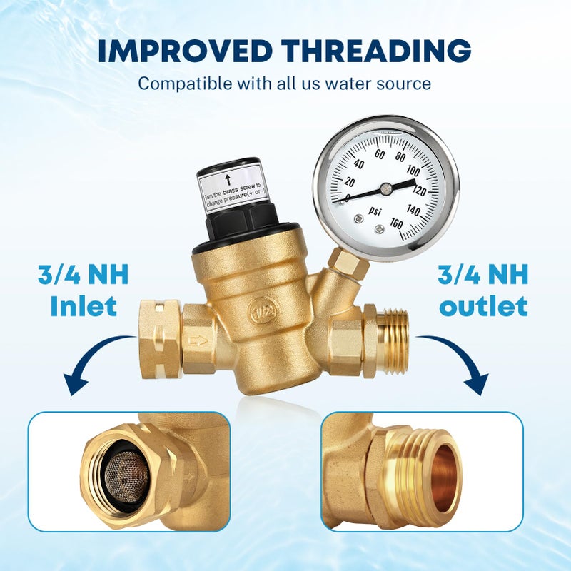 Kohree Kohree RV Water Pressure Regulator, Water Pressure Regulator for RV Camper Brass Lead-Free Adjustable Water Pressure Reducer Valve Inlet Screen Filter for Travel Trailer Garden  - Image 5