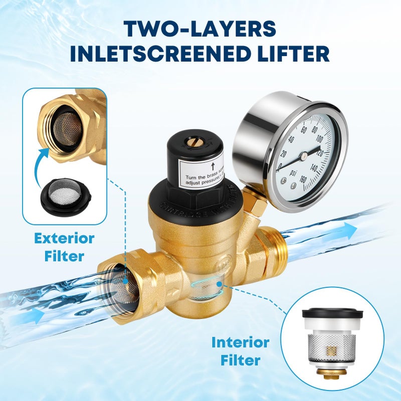 Kohree Kohree RV Water Pressure Regulator, Water Pressure Regulator for RV Camper Brass Lead-Free Adjustable Water Pressure Reducer Valve Inlet Screen Filter for Travel Trailer Garden  - Image 4
