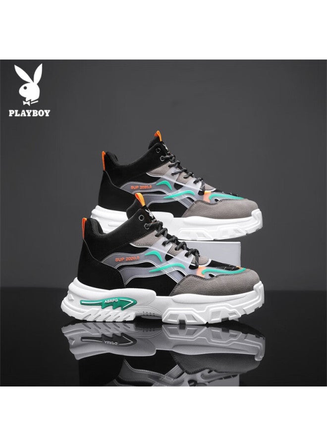 Playboy Men's Dad Sneakers  Autumn High-top Thick-soled Casual Sports Shoes Fashion Black Green Size 41 - Image 4