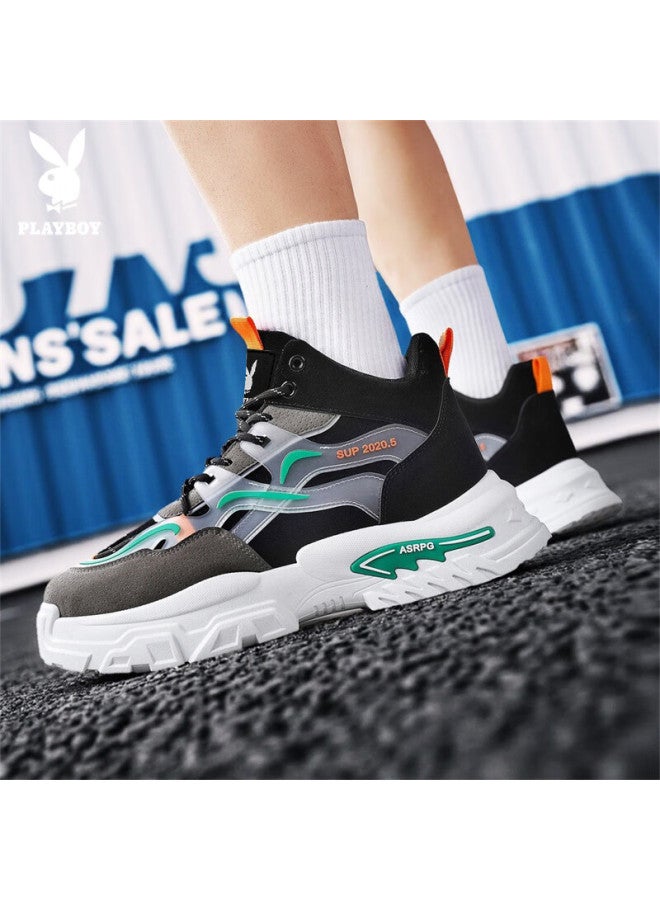 Playboy Men's Dad Sneakers  Autumn High-top Thick-soled Casual Sports Shoes Fashion Black Green Size 41 - Image 2