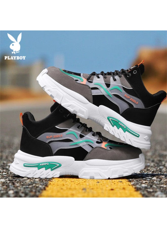 Playboy Men's Dad Sneakers  Autumn High-top Thick-soled Casual Sports Shoes Fashion Black Green Size 41 - Image 1