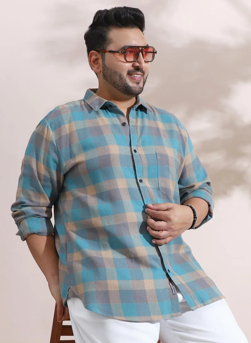 Instafab Plus Instafab Plus Men's Blue & Beige Block-Buffalo Regular Shirt For Casual Wear | Spread Collar | Long Cuffed Sleeves | Button Closure | Plus Size Shirt Crafted With Comfort Fit For Everyday Wear