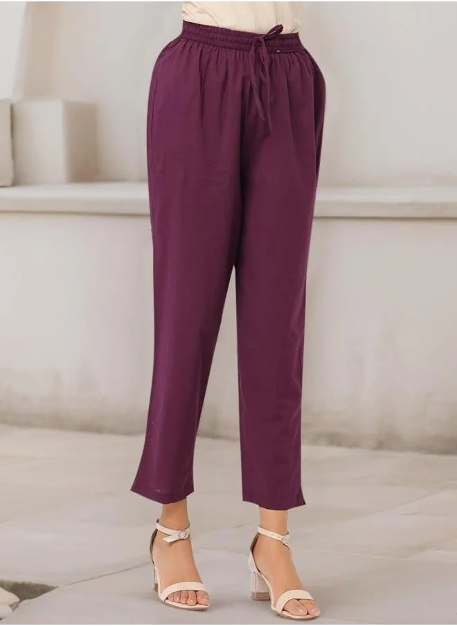 آي شين Mid Rise Women Wine Cotton Kurta Set with Embroidered pattern Tunic and Palazzo features a Round neckline and Three-Fourth Sleeve secured with Elastic closure and styled in Straight Fit ideal for Festive moments — crafted to elevate your special moments.