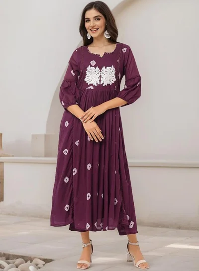 ISHIN Women's Wine 100% Cotton Embroidered Tunic Full Length Palazzo Straight Fit Kurta Set