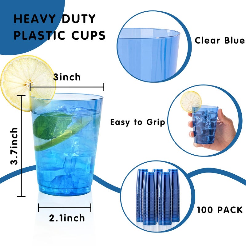 DaYammi DaYammi 100 Pack Clear Blue Plastic Cups 10 Oz  Blue Cups for Party Disposable Wine Glasses Heavy Duty Disposable Tumblers Drinking Cocktail Glasses for Wedding - Image 2