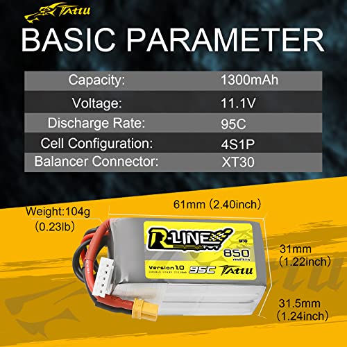 Tattu R-Line 850mAh 14.8V 95C 4S LiPo Battery Pack with XT30 Plug for Multirotor FPV from Size 100 to 180 - Image 2