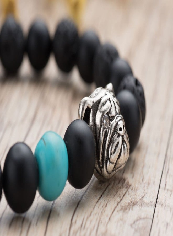 Karseer Black Matte Onyx and Lava Energy Stone Mala Beaded Stretch Bracelet with Bulldog Mascot Charm and Birthstone Embellishment, Handmade Friendship Jewelry Gift Unisex 7", Antique Silver - Image 3