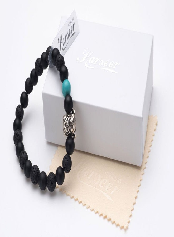 Karseer Black Matte Onyx and Lava Energy Stone Mala Beaded Stretch Bracelet with Bulldog Mascot Charm and Birthstone Embellishment, Handmade Friendship Jewelry Gift Unisex 7", Antique Silver - Image 5