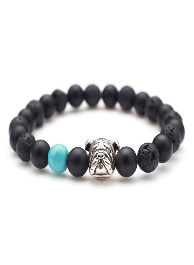 Karseer Black Matte Onyx and Lava Energy Stone Mala Beaded Stretch Bracelet with Bulldog Mascot Charm and Birthstone Embellishment, Handmade Friendship Jewelry Gift Unisex 7", Antique Silver - Image 1