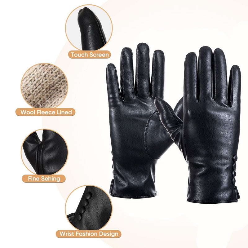 Alepo Winter PU Leather Gloves For Women, Warm Thermal Touchscreen Texting Typing Dress Driving Motorcycle Gloves With Wool Lining (Black-L) - Image 4