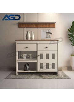 AGD Kitchen and Dining Room Console Cabinet, Sideboard and Buffet Table Multipurpose, Large Kitchen Storage Cabinet with 2 Drawers, Closed Cabinet and 2 Open Storage Shelves and Top Hanging Shelf 110*40*90cm White  - Image 1