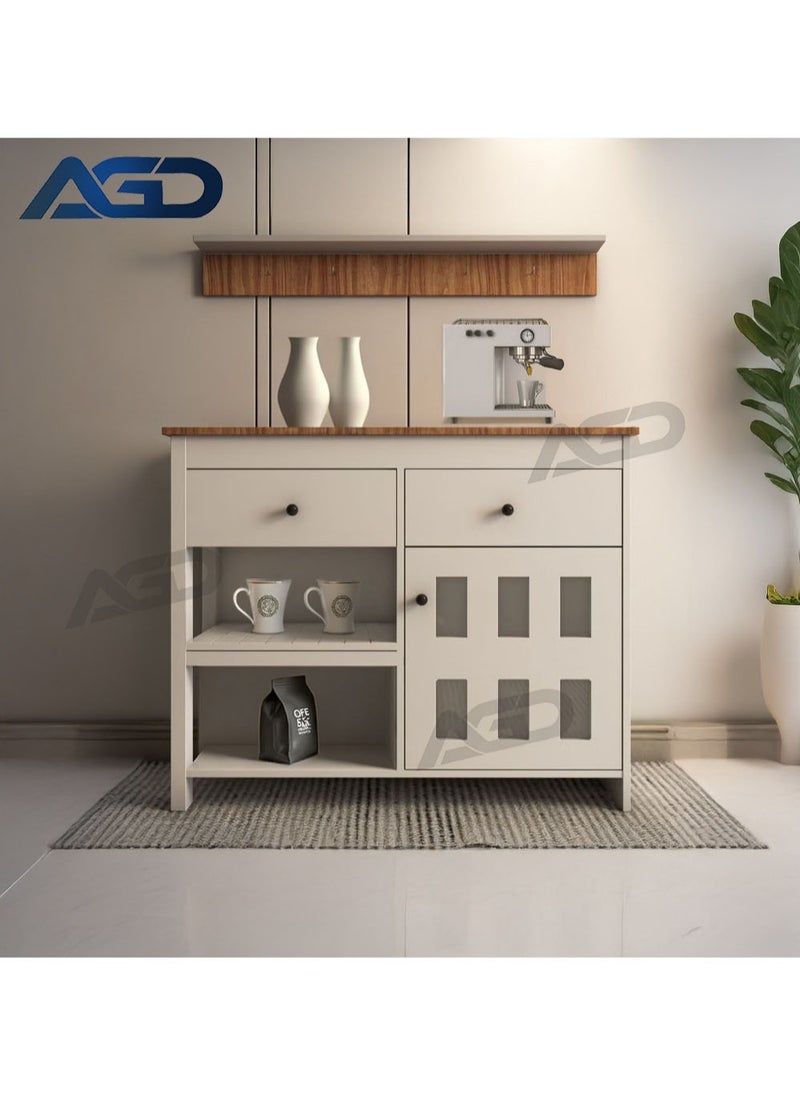 AGD - Kitchen and Dining Room Console Cabinet, Sideboard and Buffet Table Multipurpose, Large Kitchen Storage Cabinet with 2 Drawers, Closed Cabinet and 2 Open Storage Shelves and Top Hanging Shelf 110*40*90cm White - Image 1