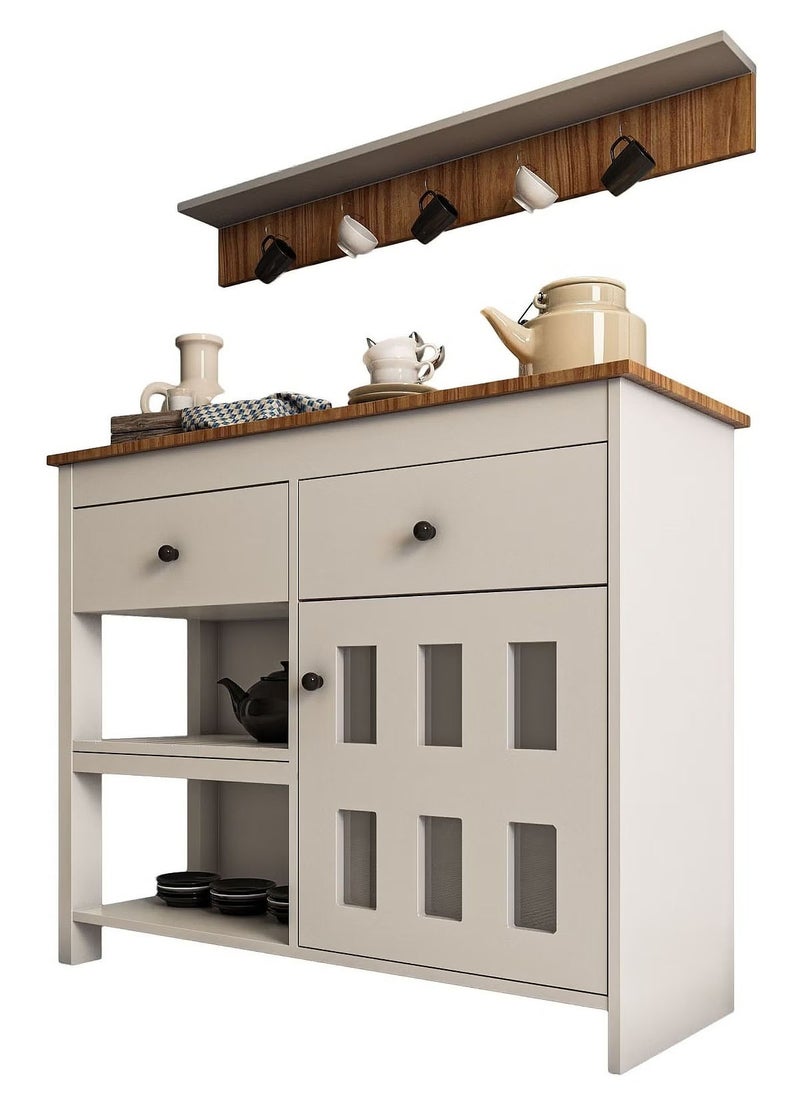 AGD - Kitchen and Dining Room Console Cabinet, Sideboard and Buffet Table Multipurpose, Large Kitchen Storage Cabinet with 2 Drawers, Closed Cabinet and 2 Open Storage Shelves and Top Hanging Shelf 110*40*90cm White - Image 1