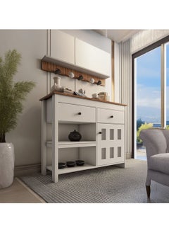 AGD Kitchen and Dining Room Console Cabinet, Sideboard and Buffet Table Multipurpose, Large Kitchen Storage Cabinet with 2 Drawers, Closed Cabinet and 2 Open Storage Shelves and Top Hanging Shelf 110*40*90cm White  - Image 4